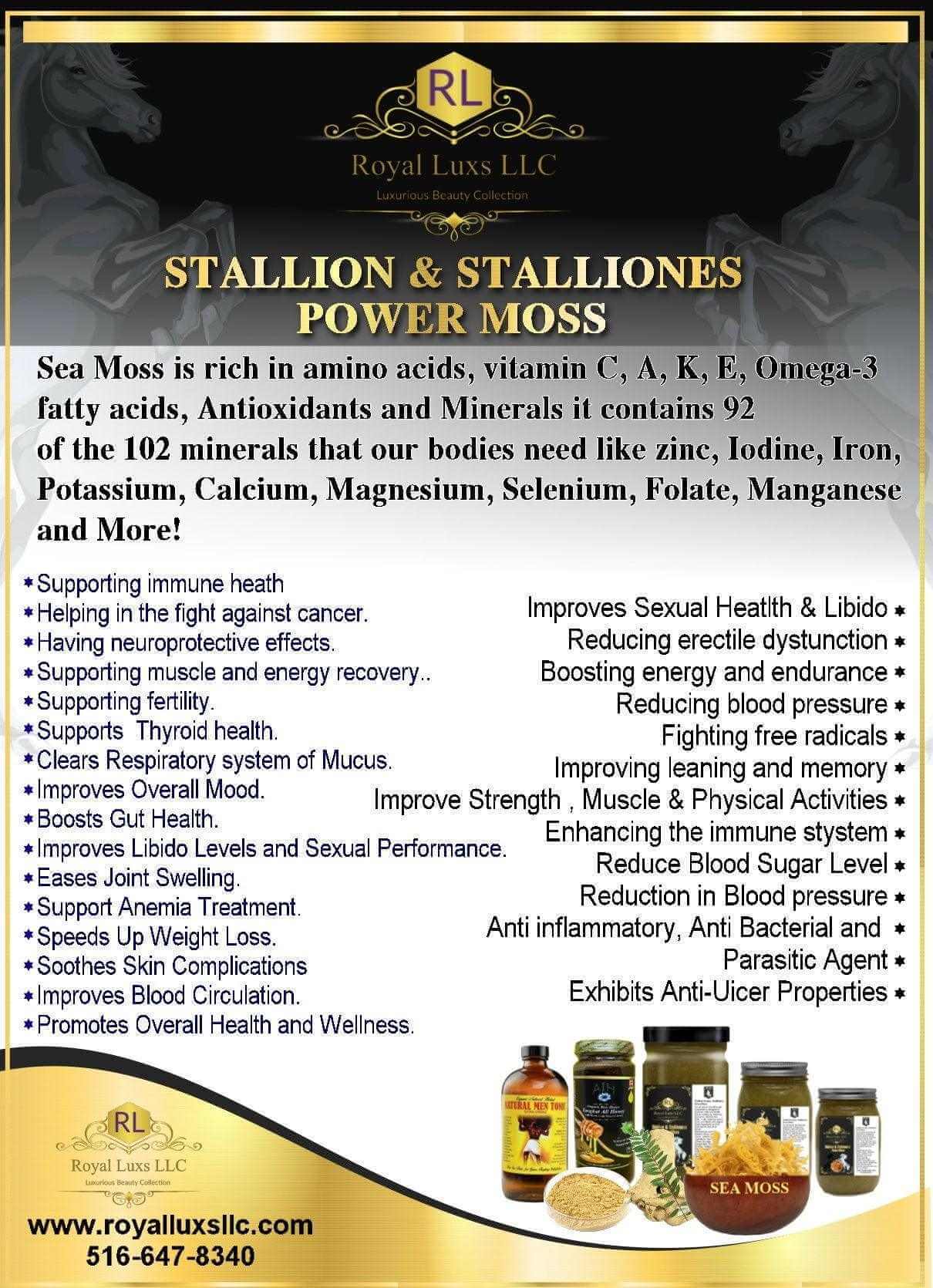 Stallion & Stalliones Power Moss benefits and usage details, featuring sea moss supplement advantages for health and wellness.