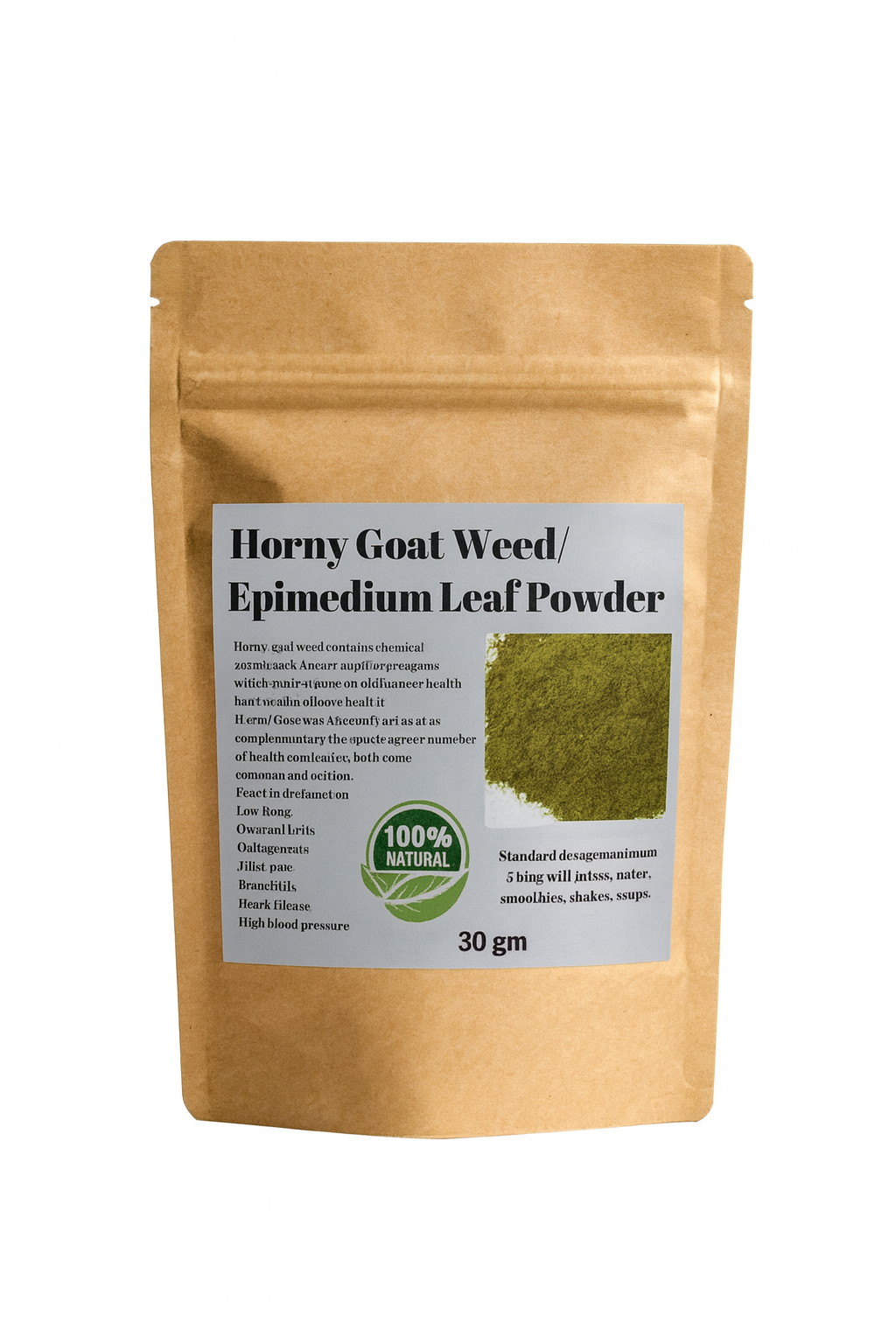 RoyalLuxsLLC Horny Goat Weed Powder natural herbal supplement in resealable brown kraft pouch 30 gm