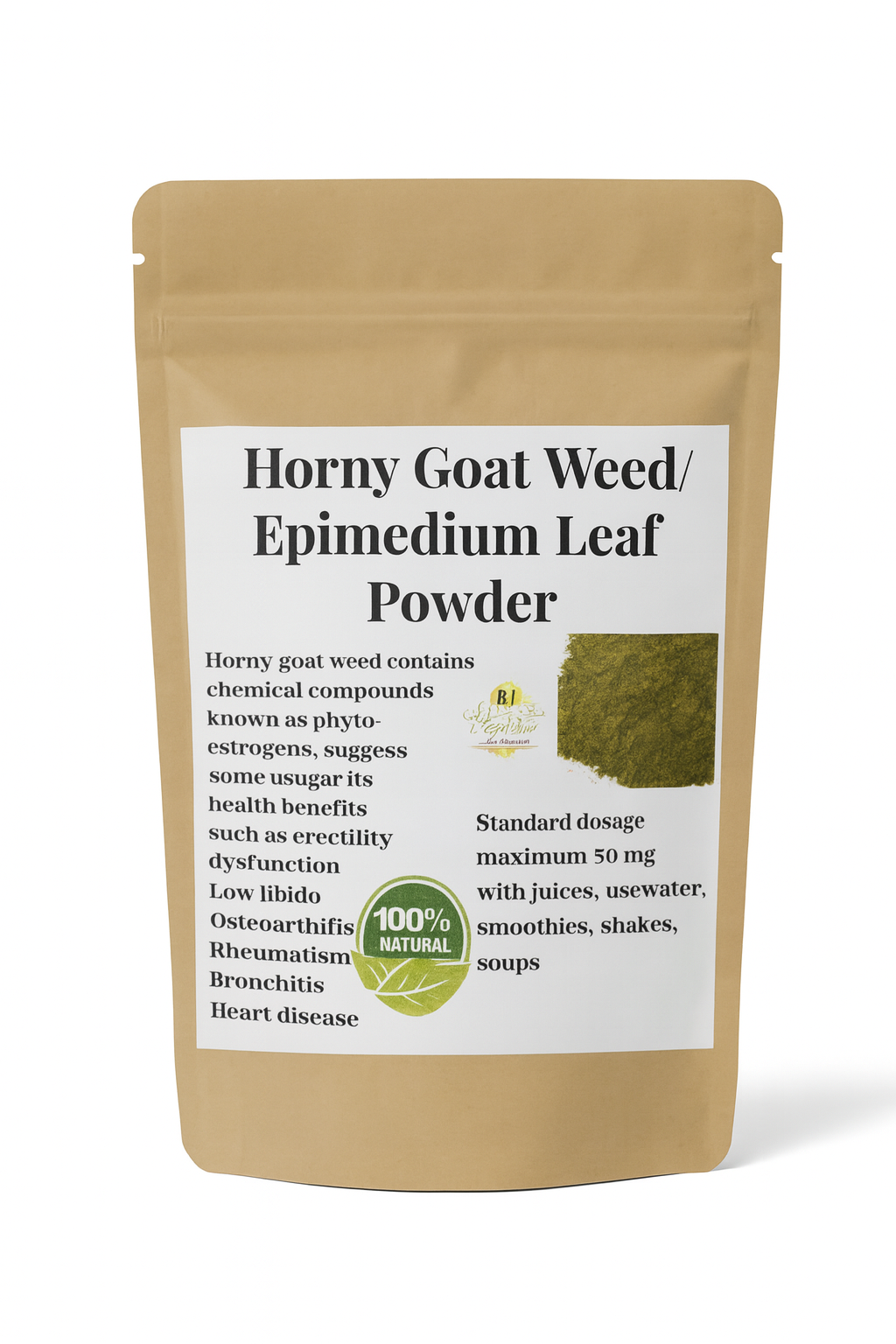 RoyalLuxsLLC horny goat weed powder in resealable brown pouch for natural health benefits