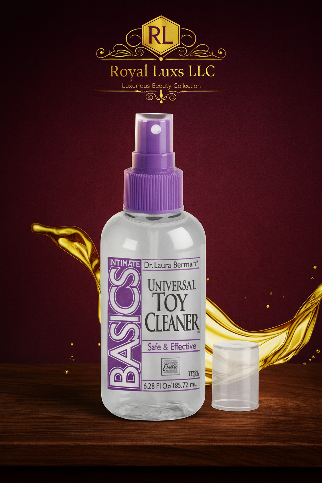 Royal Luxs LLC anti-bacterial toy cleaner spray bottle with purple cap and clear plastic cover