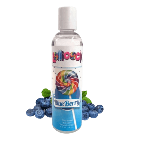 RoyalLuxsLLC blueberry flavored water-based lubricant bottle with blueberry and colorful lollipop design
