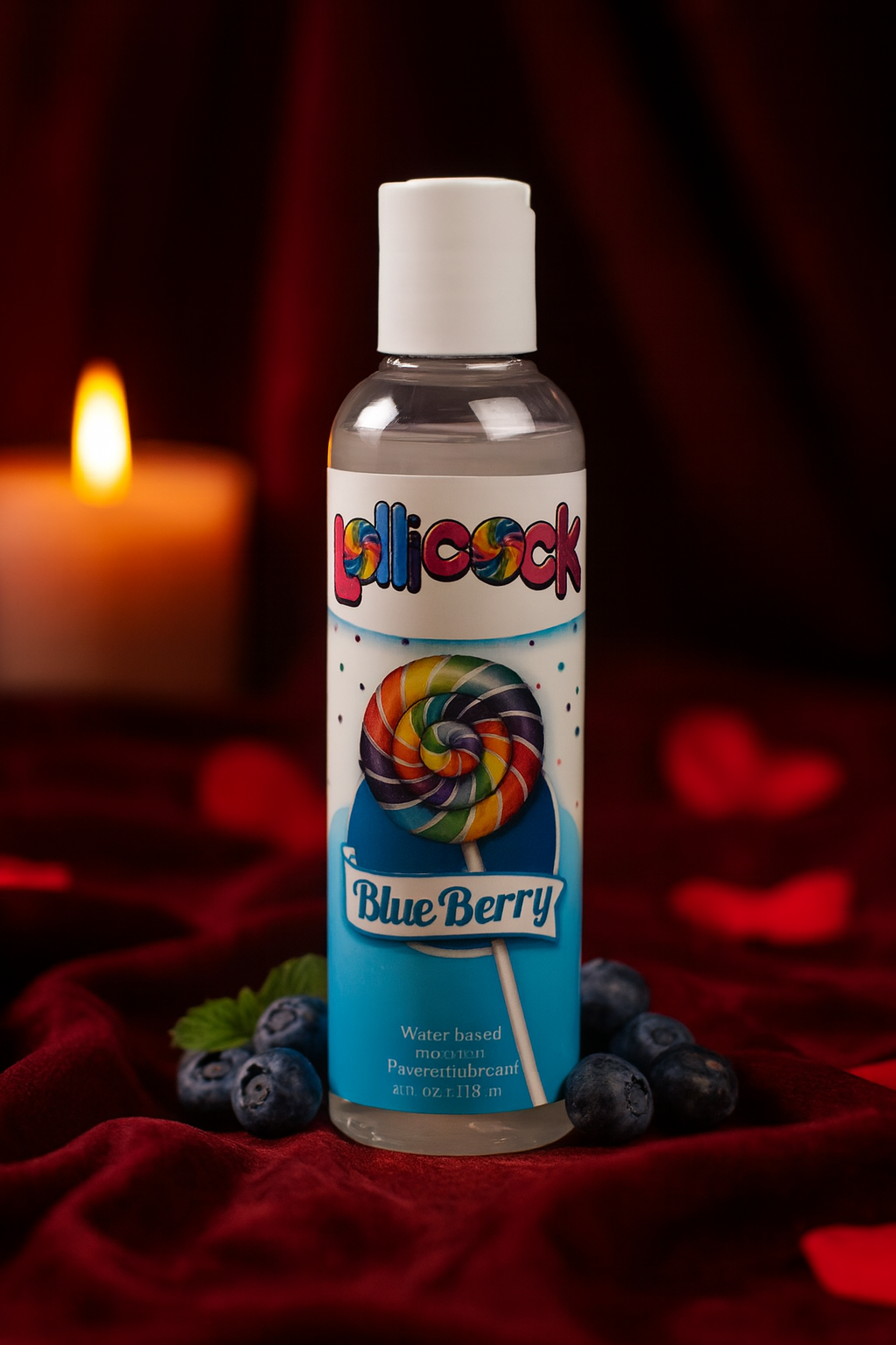 Blueberry flavored water-based lubricant bottle with colorful lollipop label surrounded by fresh blueberries