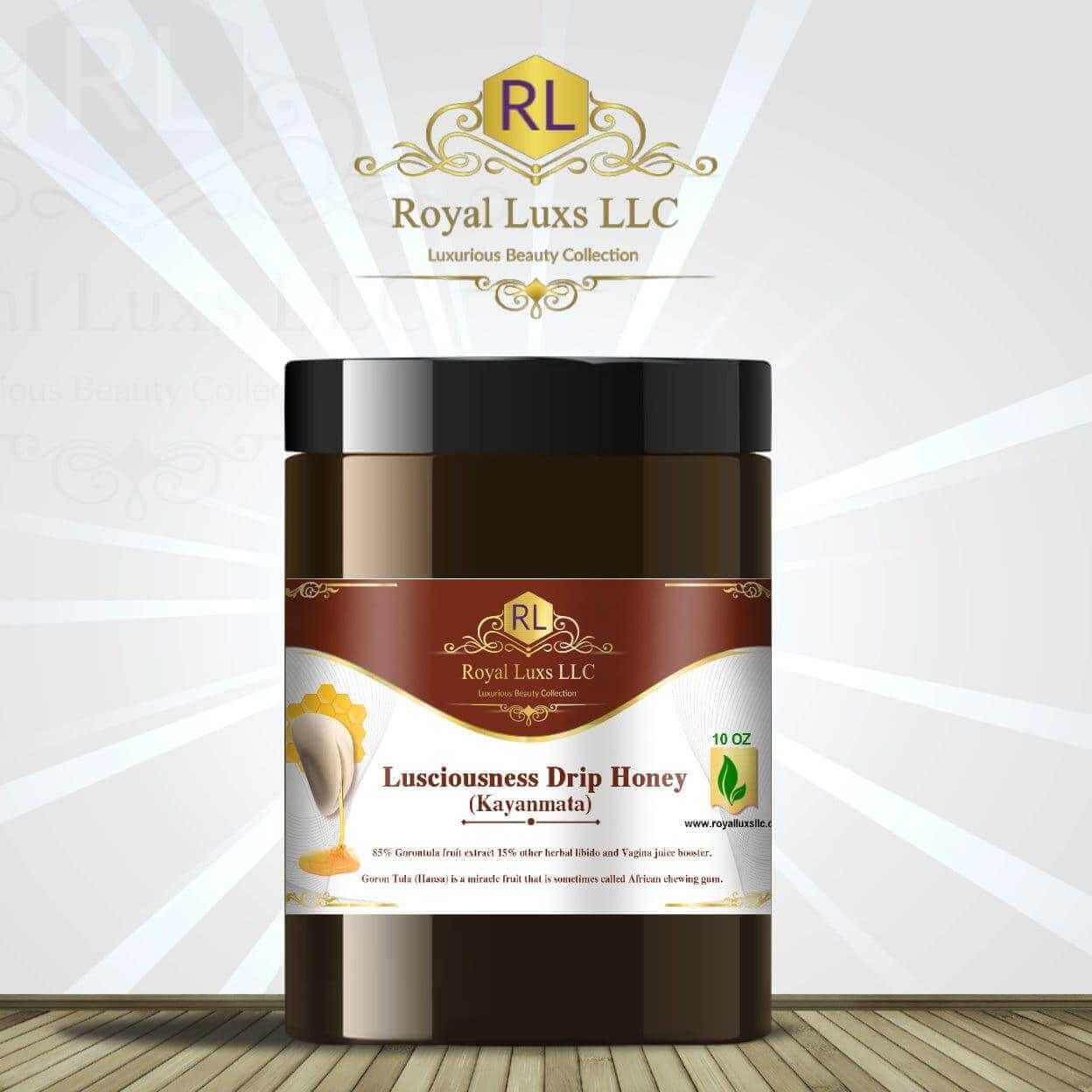 Lusciousness Drip Honey Kayanmata 10oz jar by Royal Lux, combining Goron Tula fruit and organic honey for wellness.