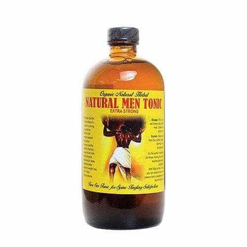 Natural Men Tonic 16 oz bottle with yellow label promoting male vitality and wellness.