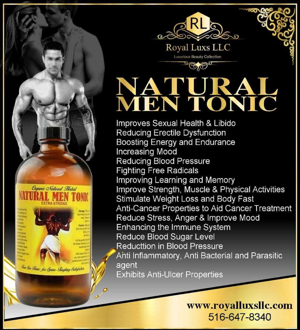 Natural Men Tonic 16 oz. bottle highlighting benefits like improved sexual health, energy boost, and blood pressure support.