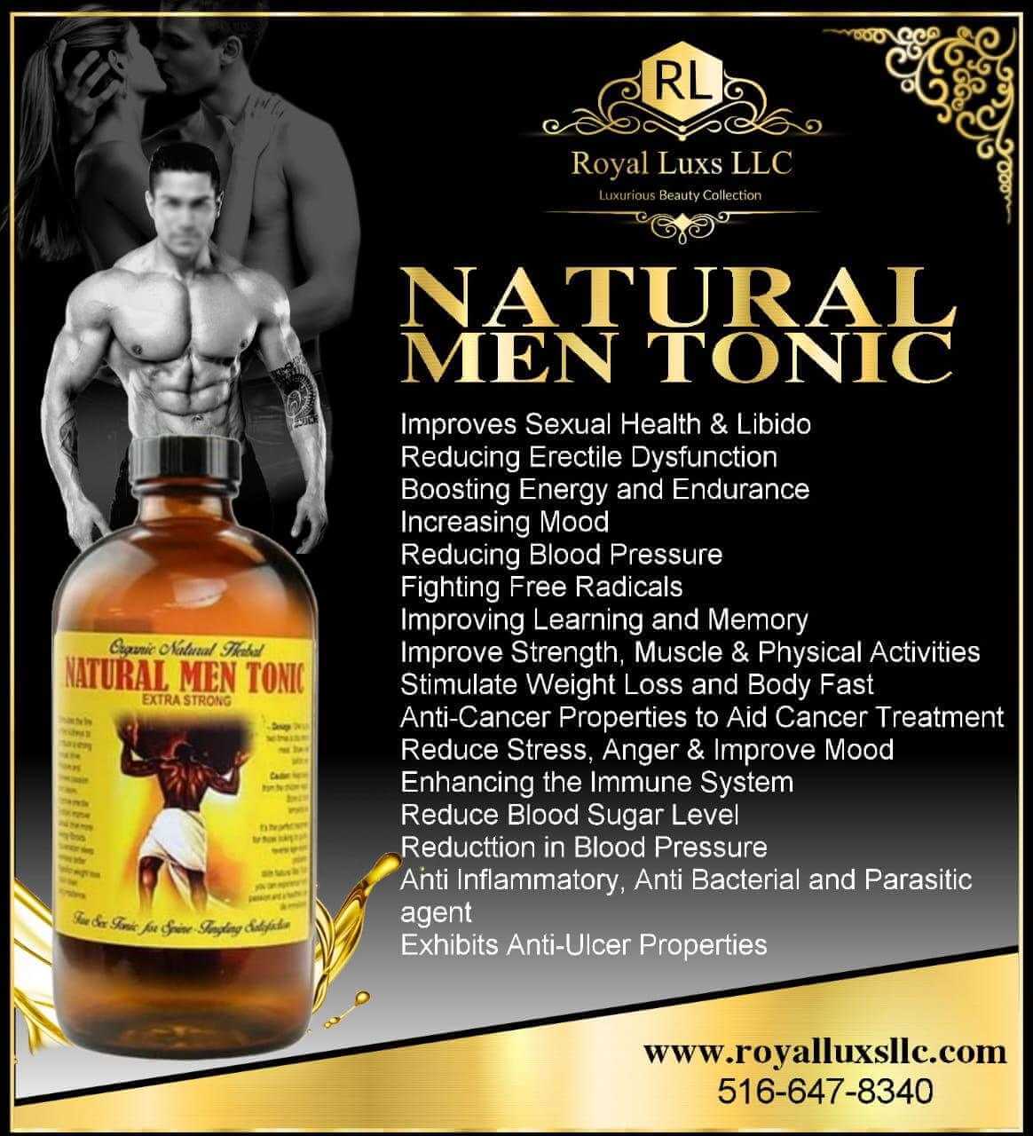 Natural Men Tonic 16 oz. bottle highlighting benefits like improved sexual health, energy boost, and blood pressure support.