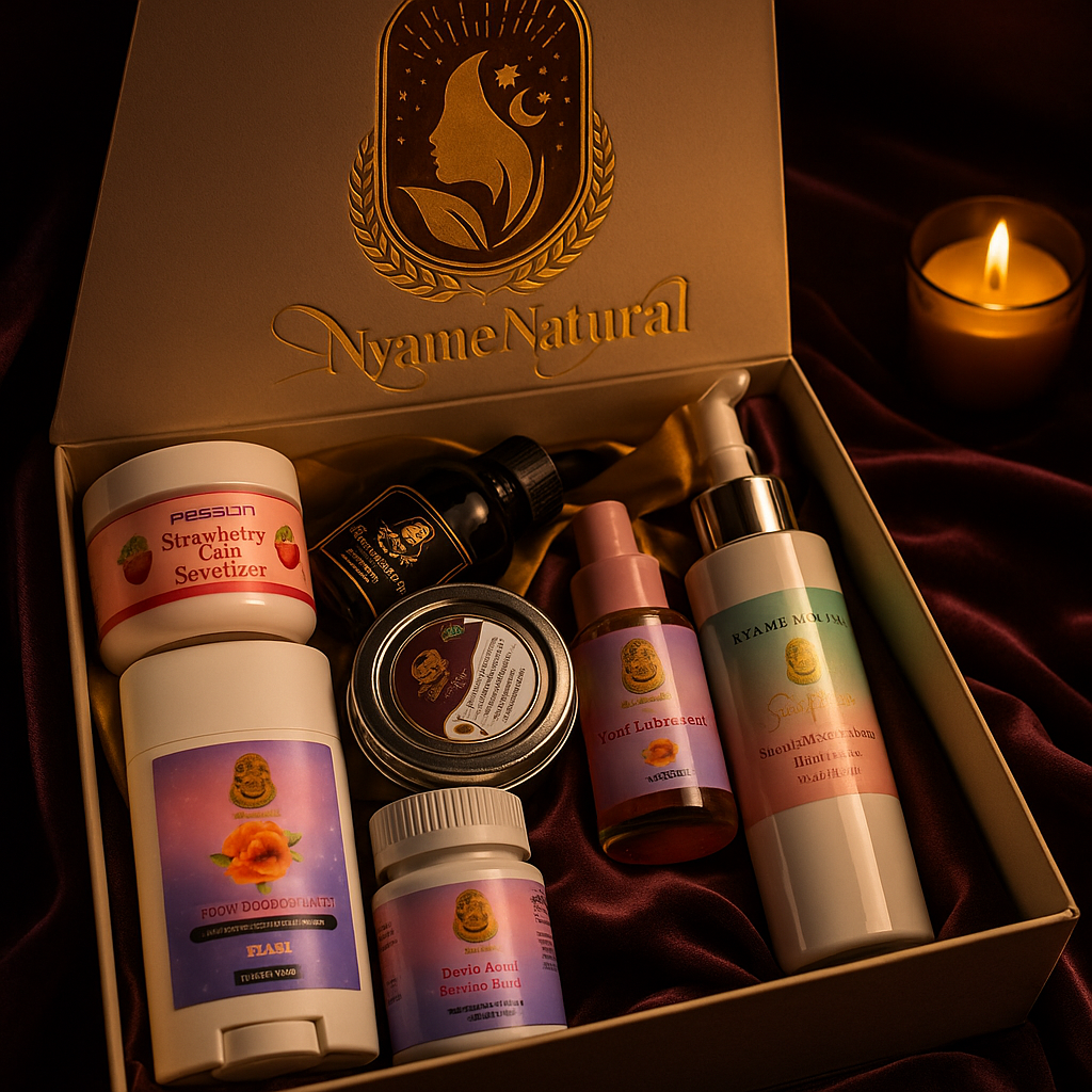 RoyalLuxsLLC herbal intimacy box with natural body care products displayed in an elegant Nyame Natural gift box