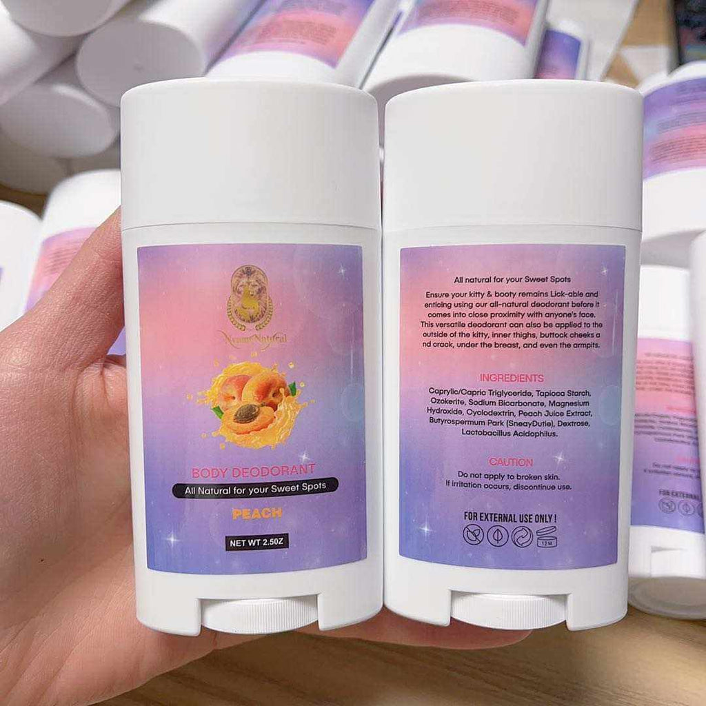 RoyalLuxsLLC peach scented booty deodorant for women in white stick container with colorful label