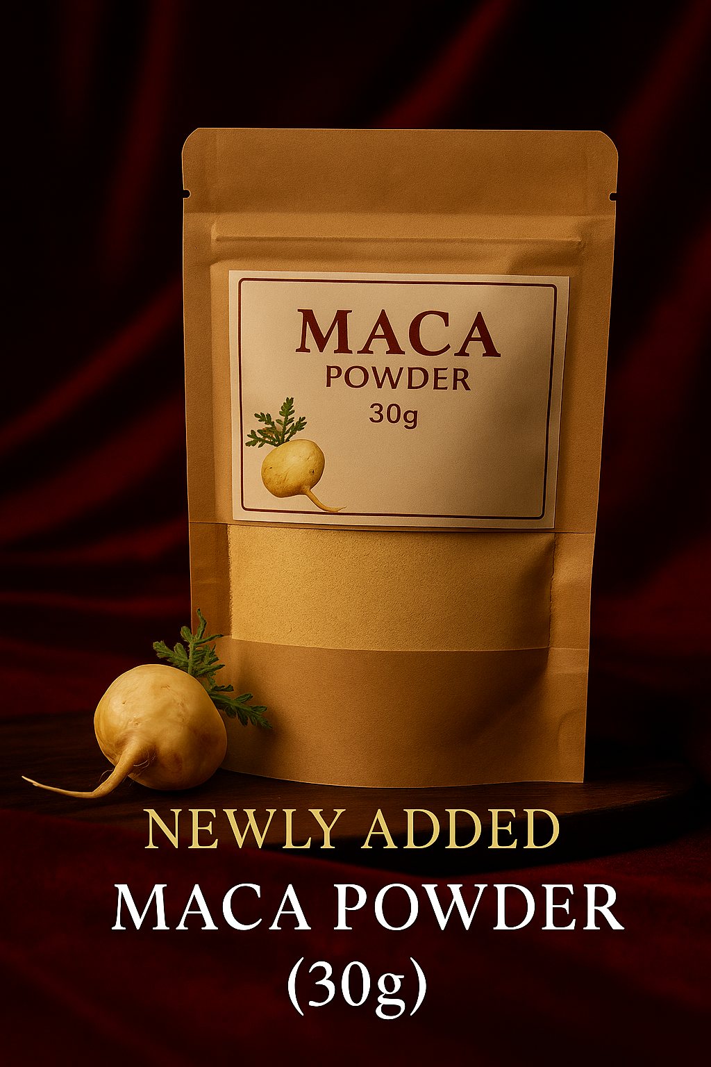 RoyalLuxsLLC organic maca powder 30g in a brown resealable pouch with maca root illustration