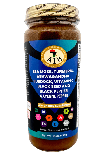 A to Z Honey jar featuring sea moss, turmeric, black seed, and vitamin C for immune support and health benefits.