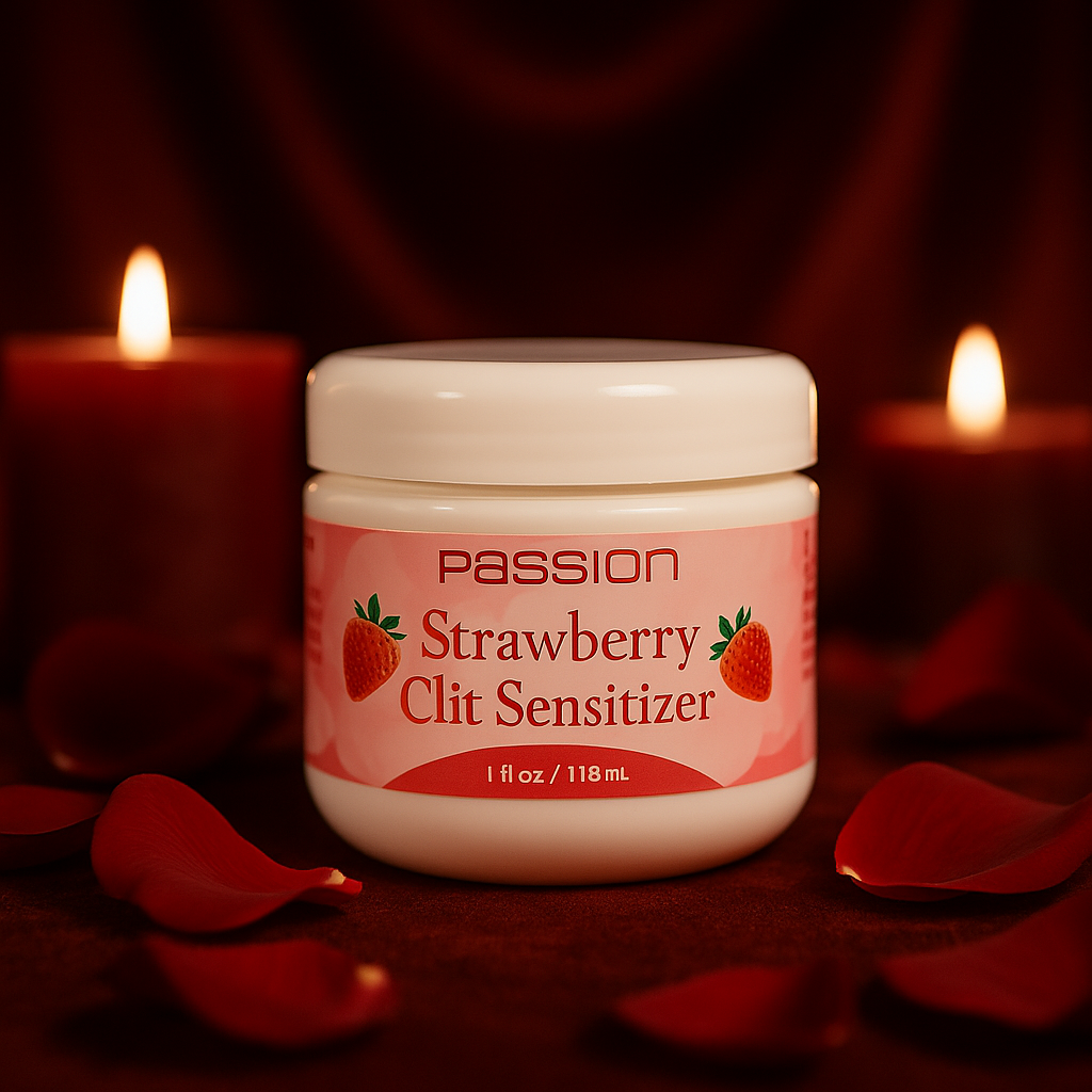 RoyalLuxsLLC Strawberry Clit Sensitizer cream jar surrounded by rose petals and lit candles