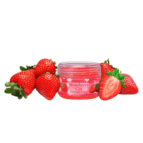 Strawberry Clit Sensitizer cream jar surrounded by fresh strawberries on black background