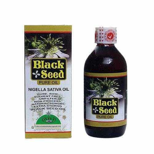 Raw 100% Pure Black Seed Oil 4oz bottle and box, derived from Nigella sativa for health benefits.