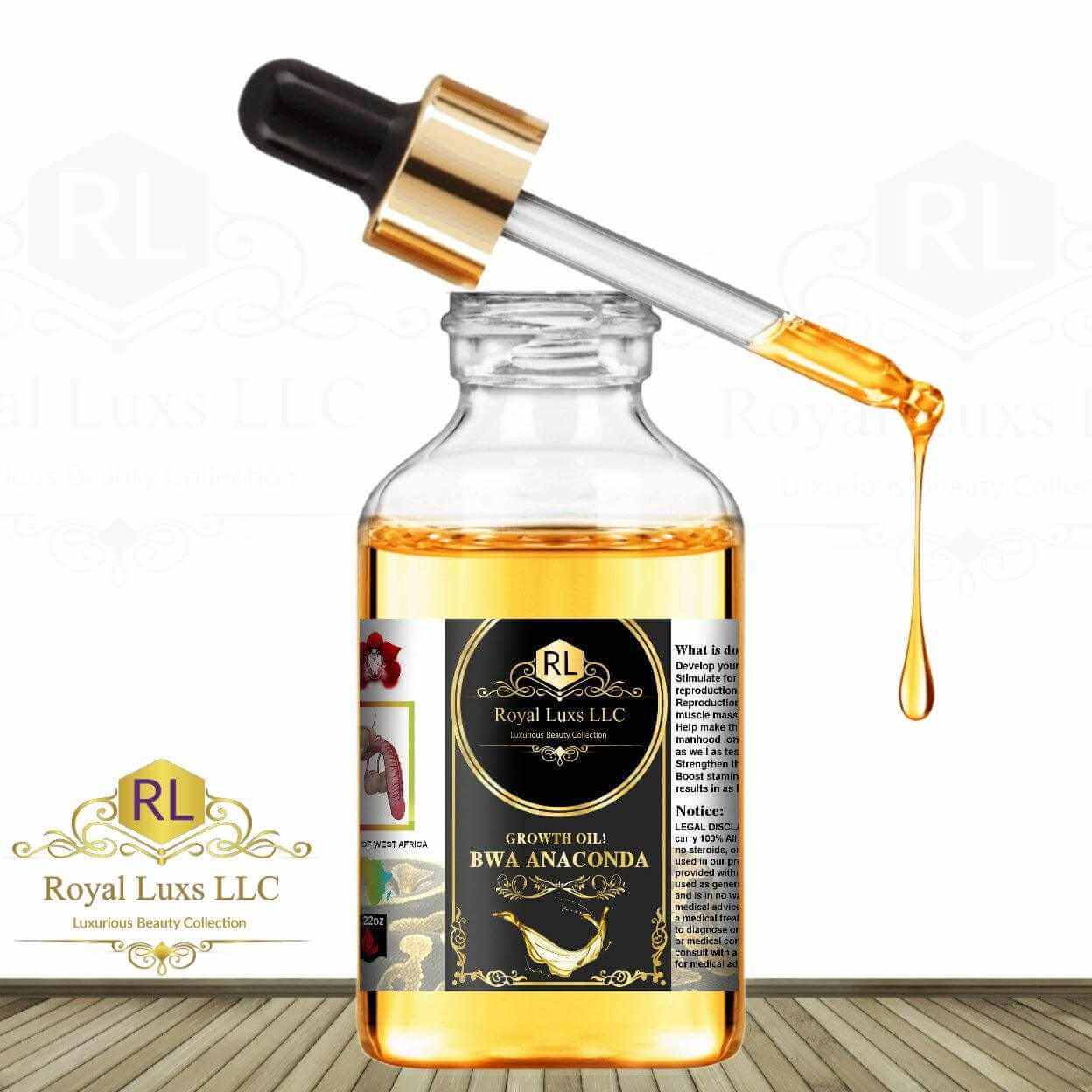 Royal Luxs African Bwa Anaconda male enhancement oil in a glass bottle with dropper for thicker and longer results.