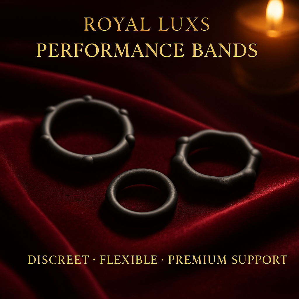 Black silicone wellness rings by RoyalLuxsLLC on red fabric with candlelight background