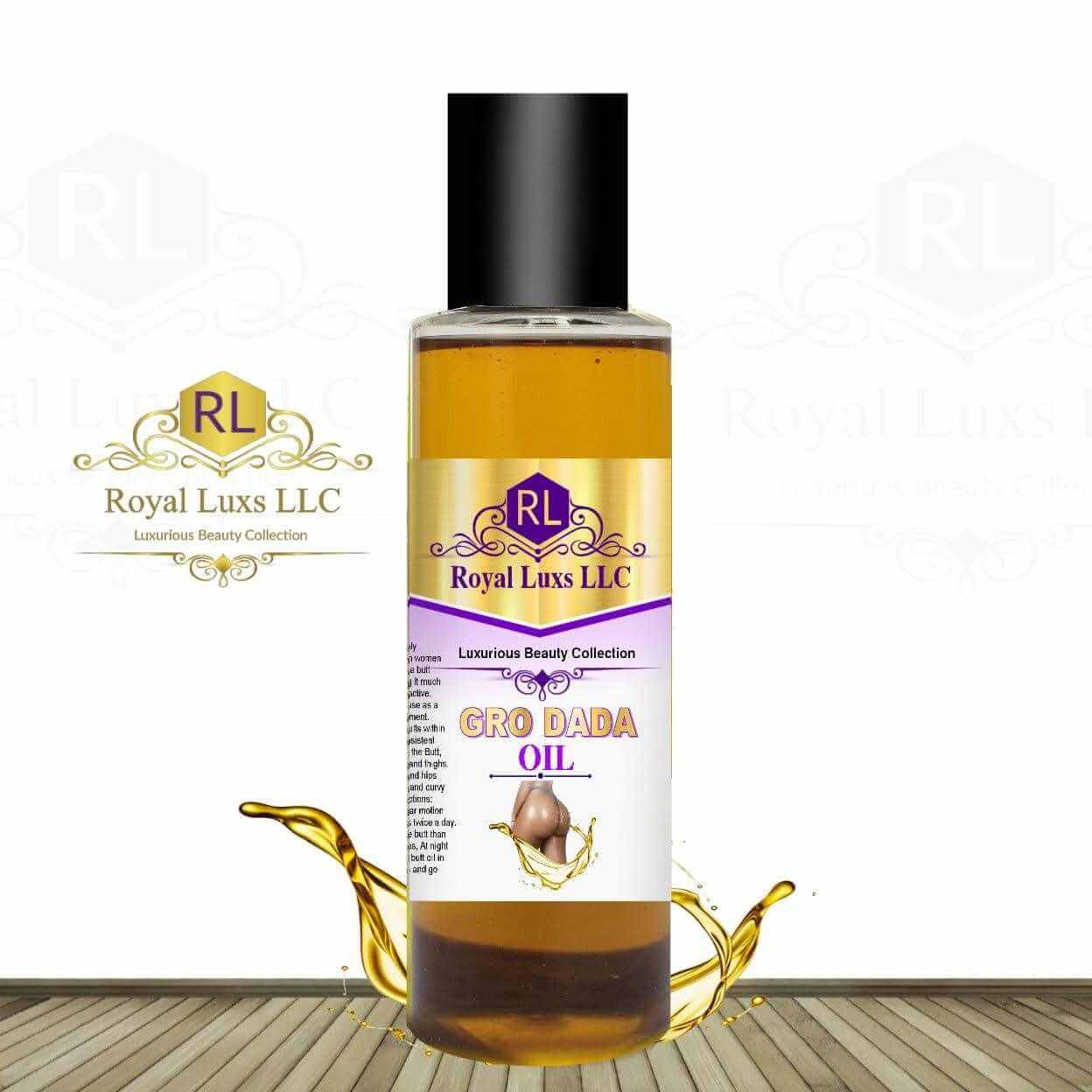Royal Luxs LLC Gro Dada Oil bottle with golden liquid and botanical body nourishment oil label