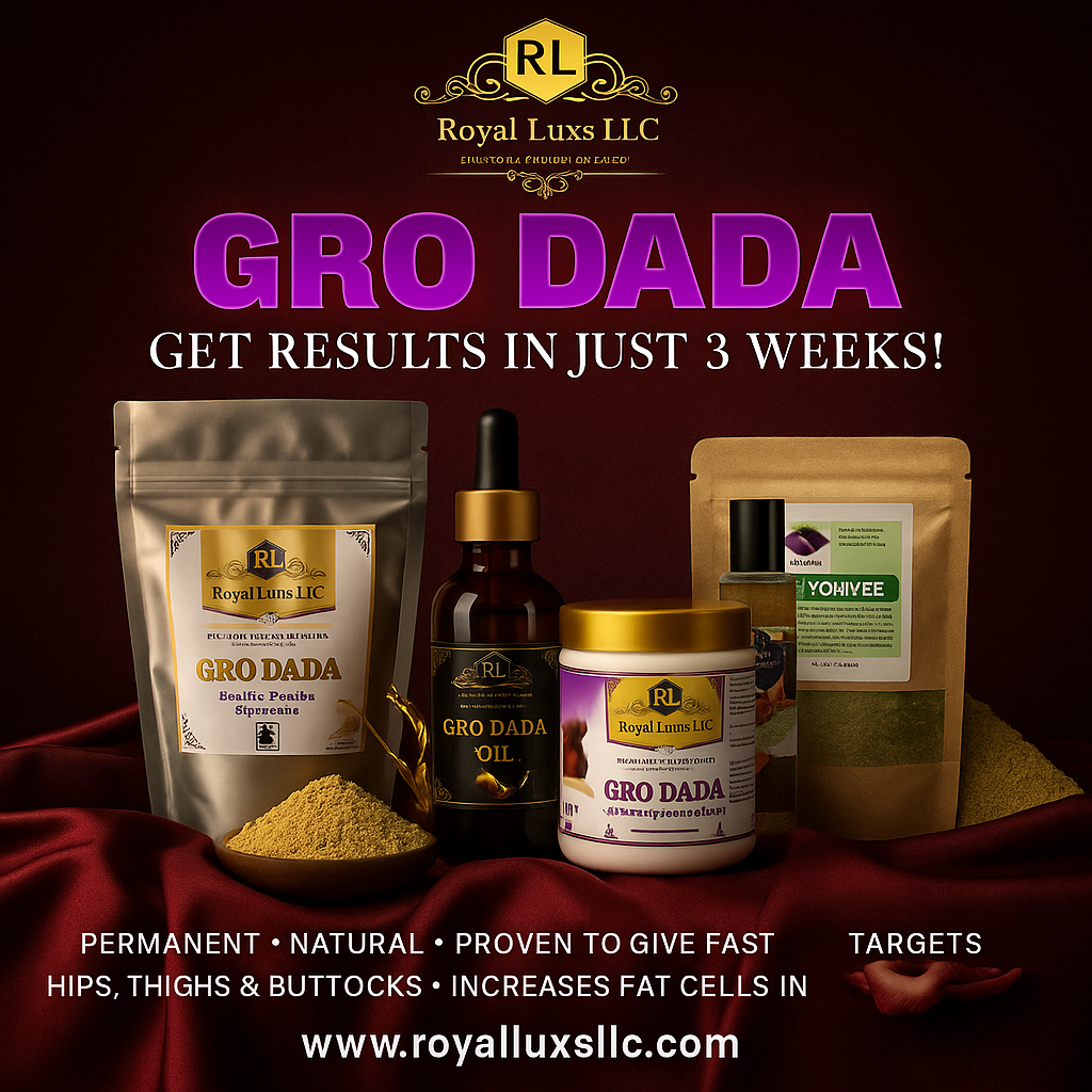 RoyalLuxsLLC Gro Dada botanical self-care kit with natural powders, oil dropper, and cream for targeted fat reduction