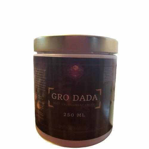 Gro Dada butt enlargement cream in a 250 ml jar with dark label and gold lid by RoyalLuxsLLC