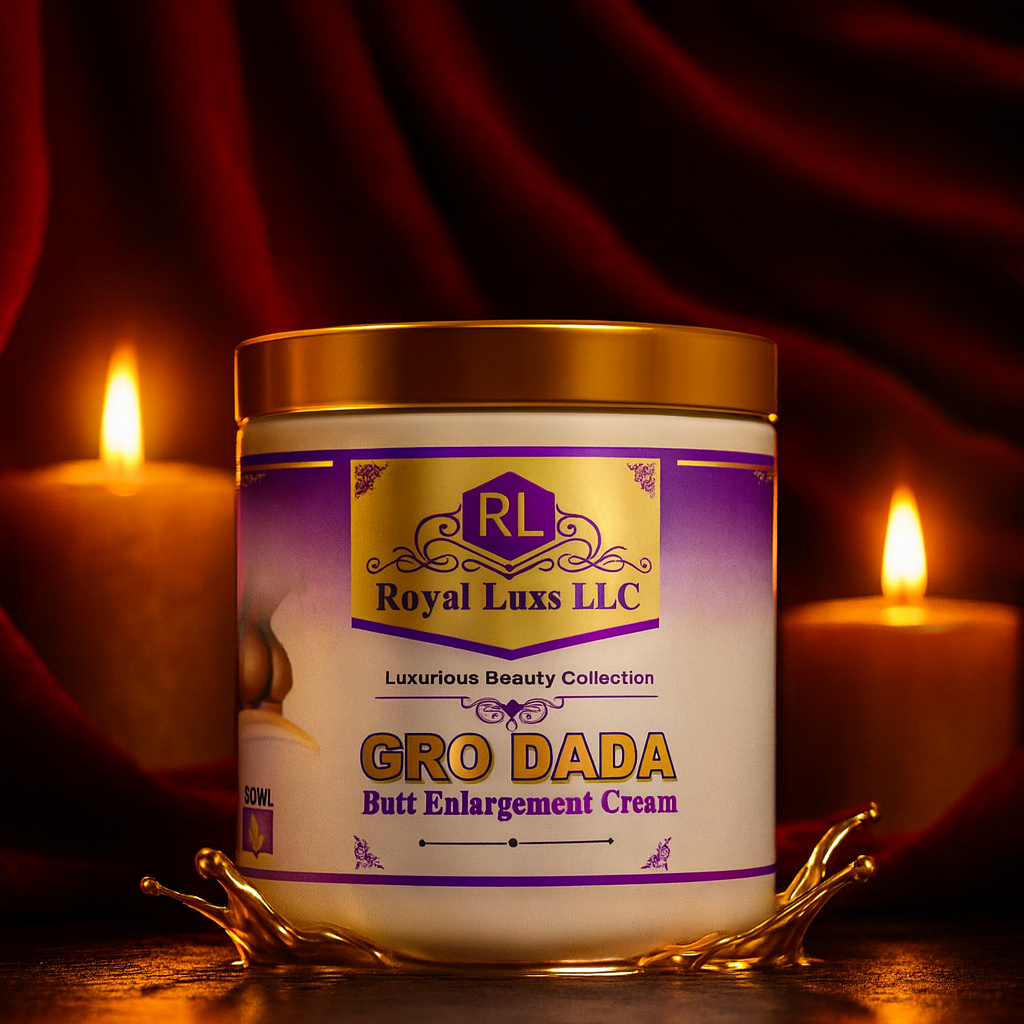 Gro Dada butt enlargement cream by Royal Luxs LLC in a gold-lid jar with purple and gold label