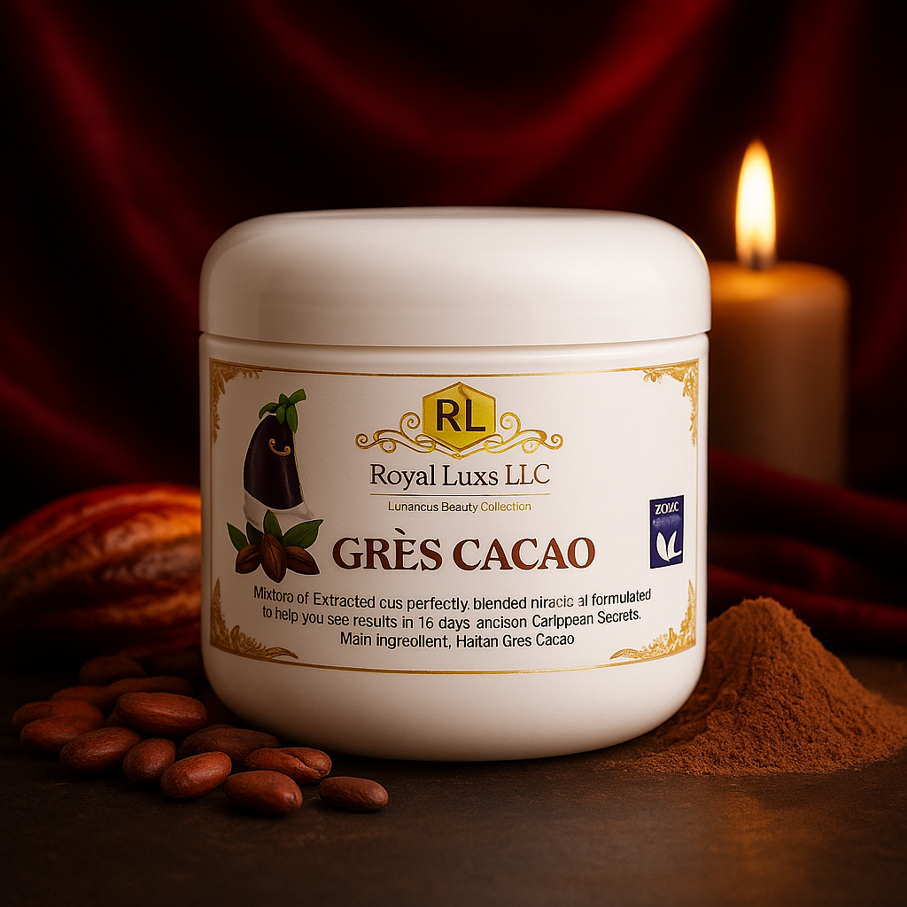 RoyalLuxsLLC Haitian Gres cacao ointment jar with cacao beans and powder on dark background