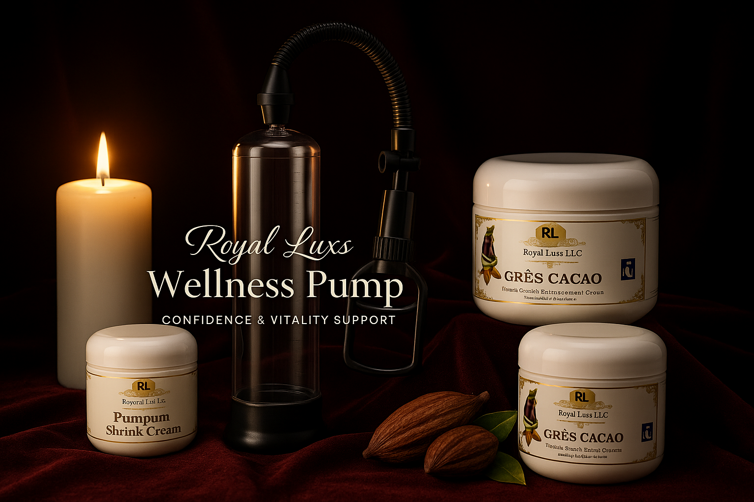 Haitian Gres cacao ointment jars displayed with wellness pump and candle for skincare and vitality