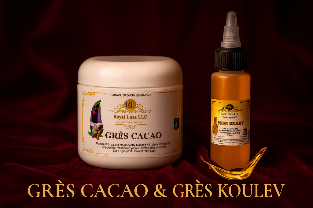 Royal Luxs LLC herbal body oil set featuring Grès Cacao natural growth ointment and Grès Koulev oil bottle