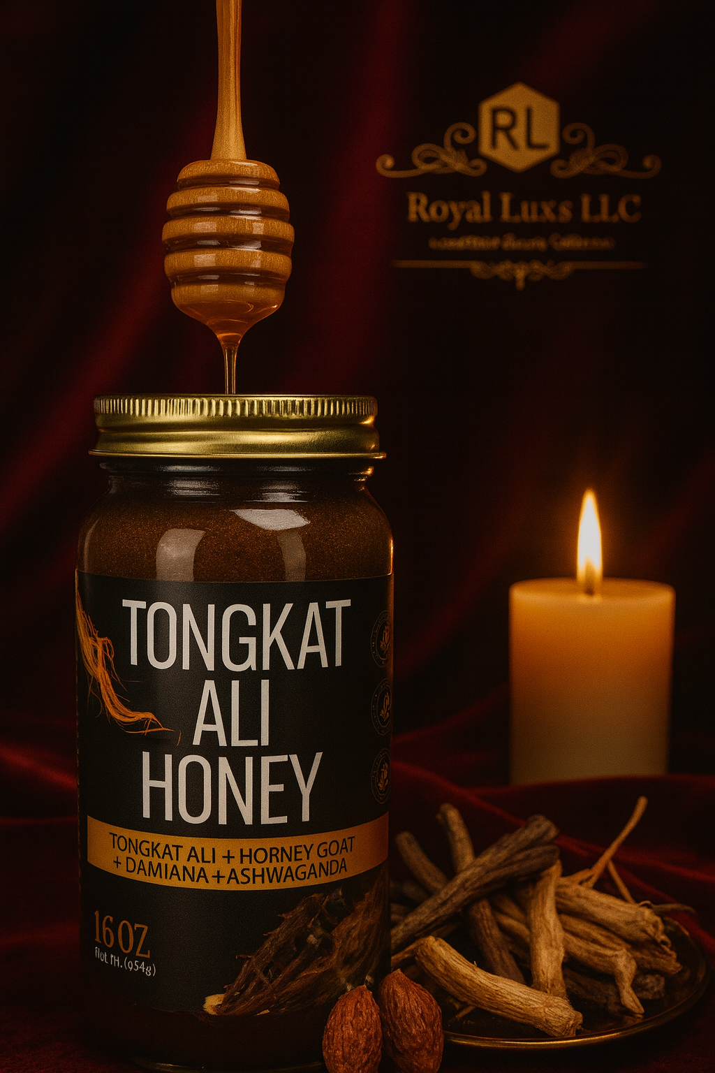 RoyalLuxsLLC Tongkat Ali Honey jar with herbal energy honey dripping and dried herbs beside a lit candle