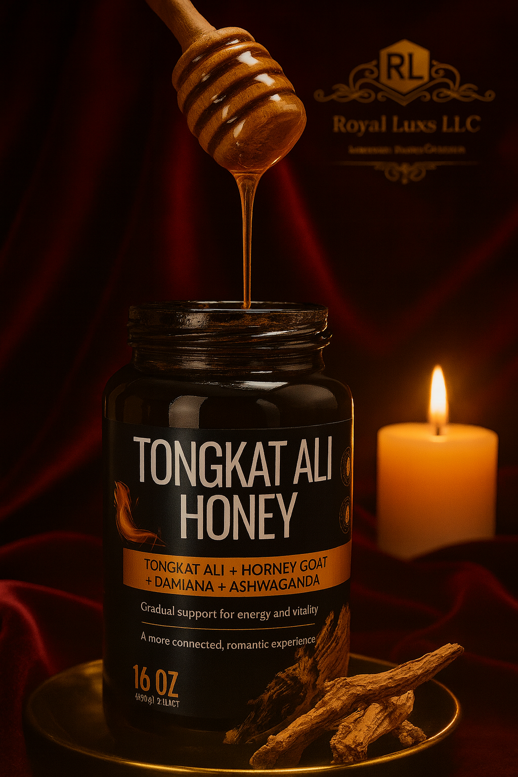 RoyalLuxsLLC Tongkat Ali Honey jar with herbal energy honey dripping from wooden dipper next to lit candle