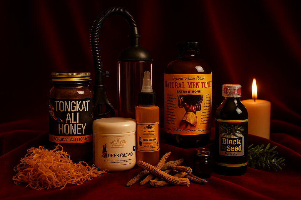 Herbal intimacy wellness kit by RoyalLuxsLLC featuring natural oils, honey, tonic, and wellness products with a lit candle