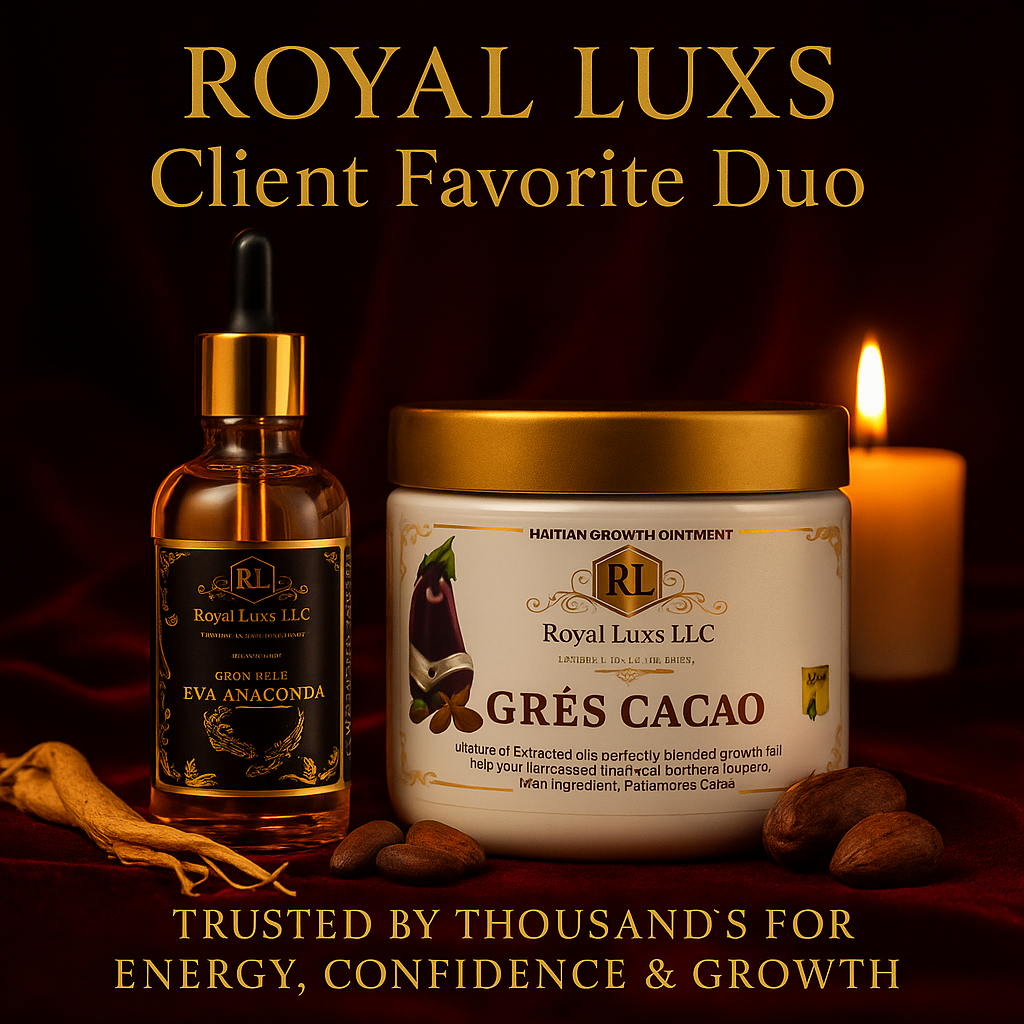 RoyalLuxsLLC herbal intimacy wellness set with Grès Cacao ointment and Eva Anaconda oil for male enhancement