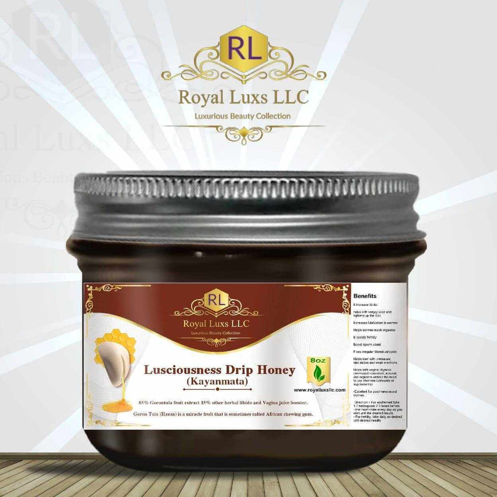 RoyalLuxsLLC lusciousness drip kayanmata honey for intimacy in an 8oz brown jar with silver lid