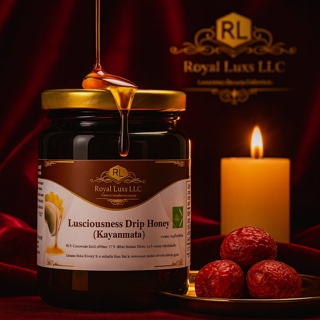 Royal Luxs LLC kayanmata honey for intimacy Lusciousness Drip Honey jar with honey dripping and dates beside candle