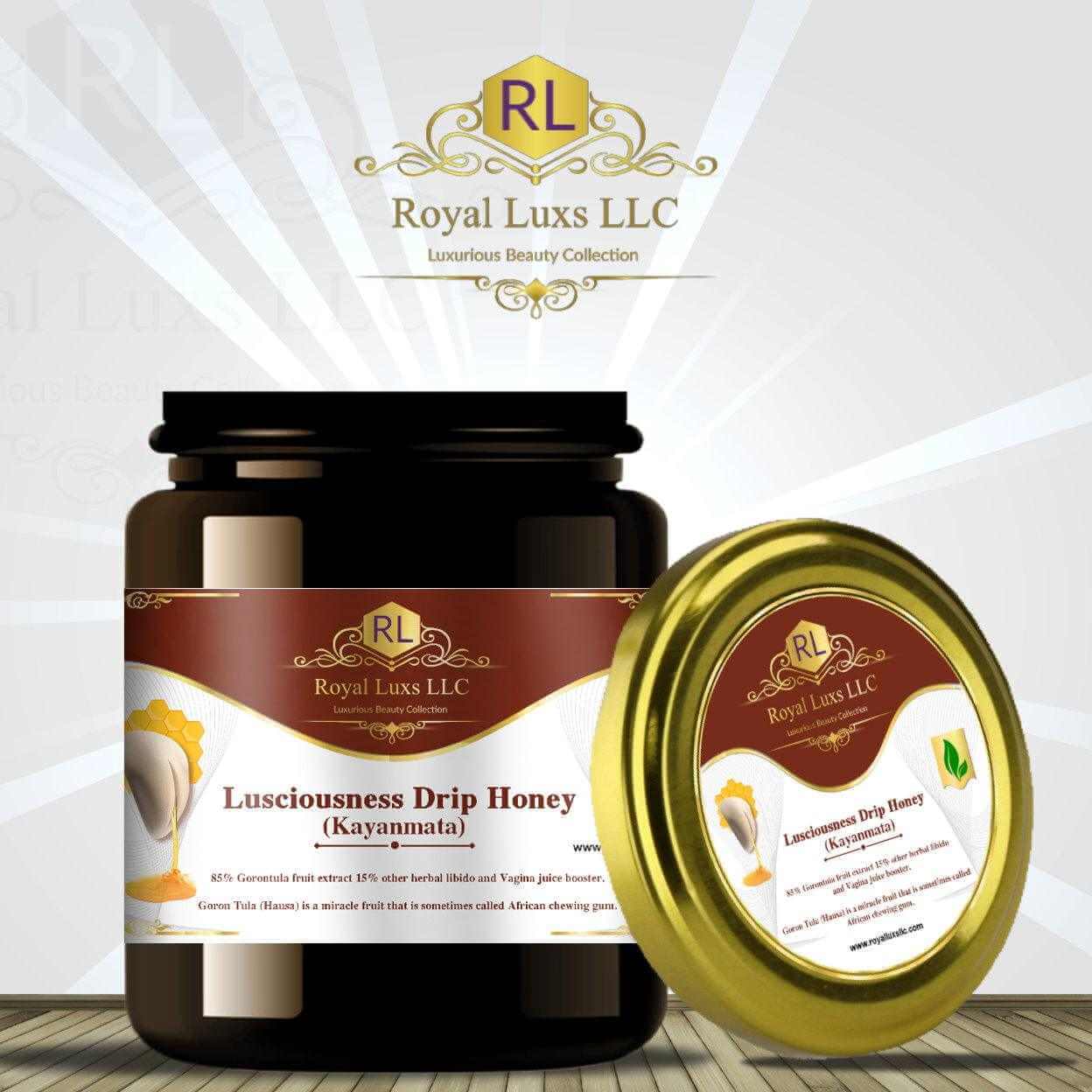 RoyalLuxsLLC Lusciousness Drip Honey Kayanmata honey for intimacy in a dark jar with gold lid