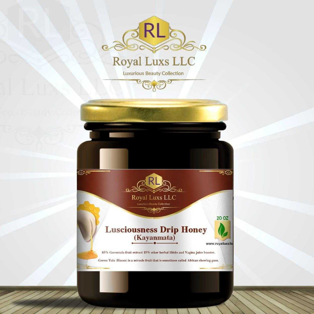 Royal Luxs LLC Lusciousness Drip Honey Kayanmata in a dark jar with gold lid kayanmata honey for intimacy