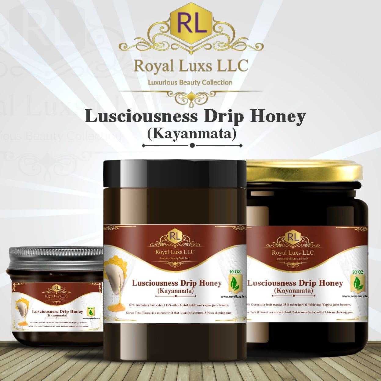 RoyalLuxsLLC Lusciousness Drip Honey jars labeled kayanmata honey for intimacy in various sizes