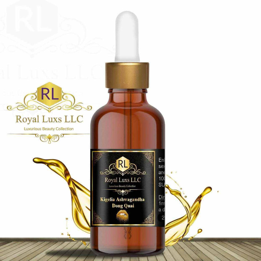 Royal Luxs LLC Kigelia Ashwagandha Dong Quai supplement drops in amber glass bottle with dropper