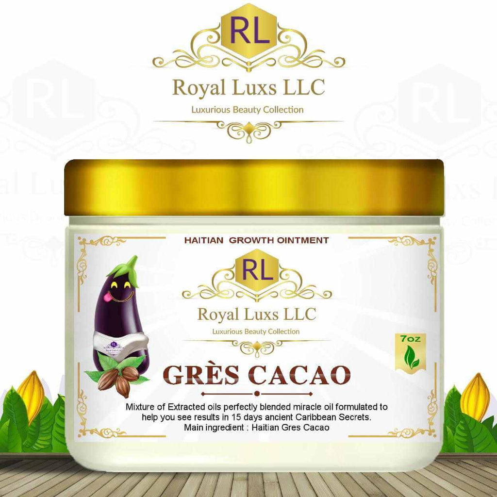 Haitian Gres Cacao growth ointment by Royal Luxs LLC, promoting thicker hair growth with natural ingredients.