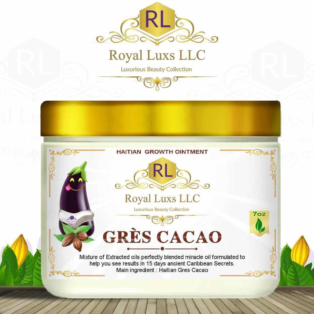 Haitian Gres Cacao growth ointment by Royal Luxs LLC, promoting thicker hair growth with natural ingredients.