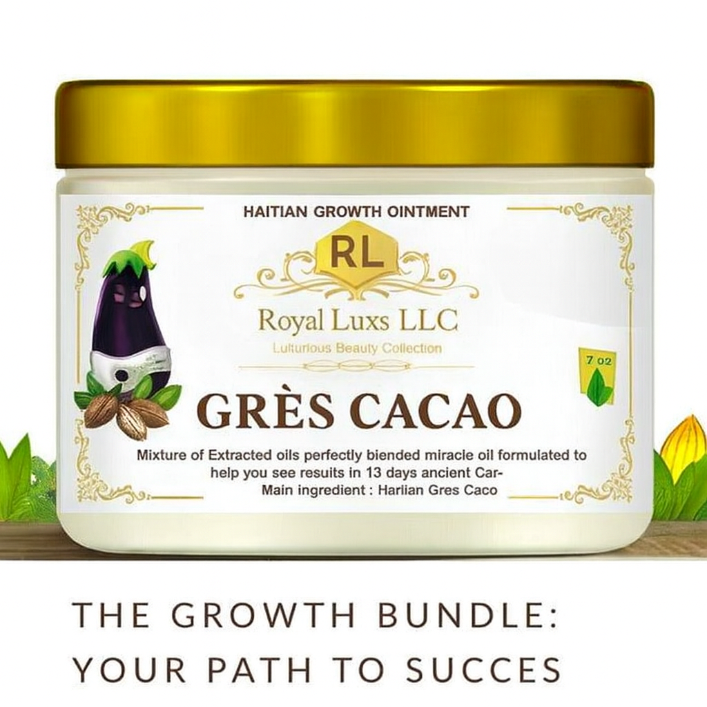 Royal Luxs LLC Haitian Gres Cacao men’s wellness blend growth ointment in white jar with gold lid
