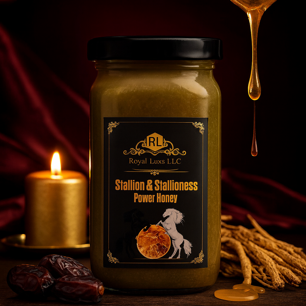 RoyalLuxsLLC herbal vitality blend Stallion and Stallioness Power Honey jar with natural ingredients and honey drip