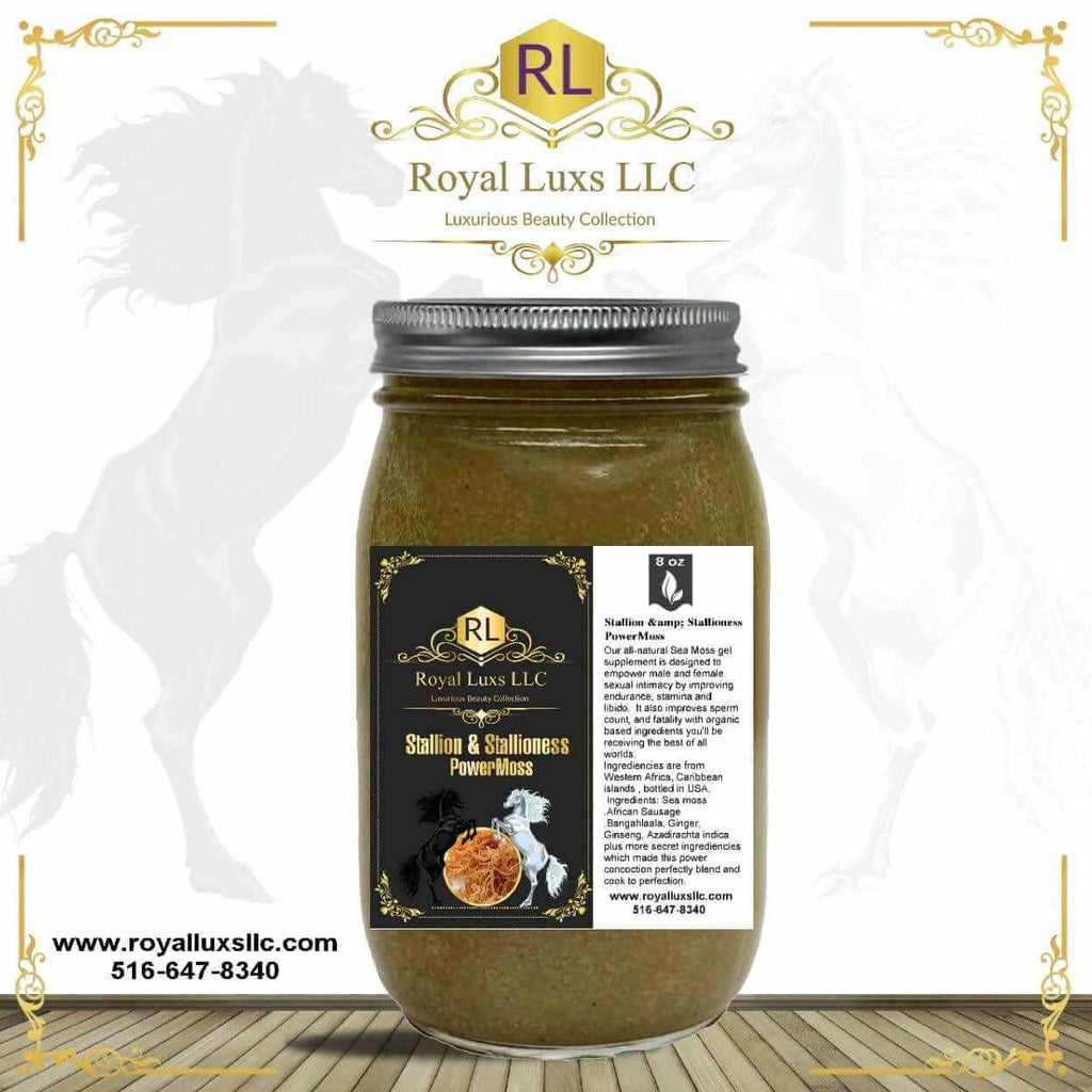 Royal Luxs LLC herbal vitality blend Stallion Stallioness PowerMoss in 8 oz glass jar with metal lid