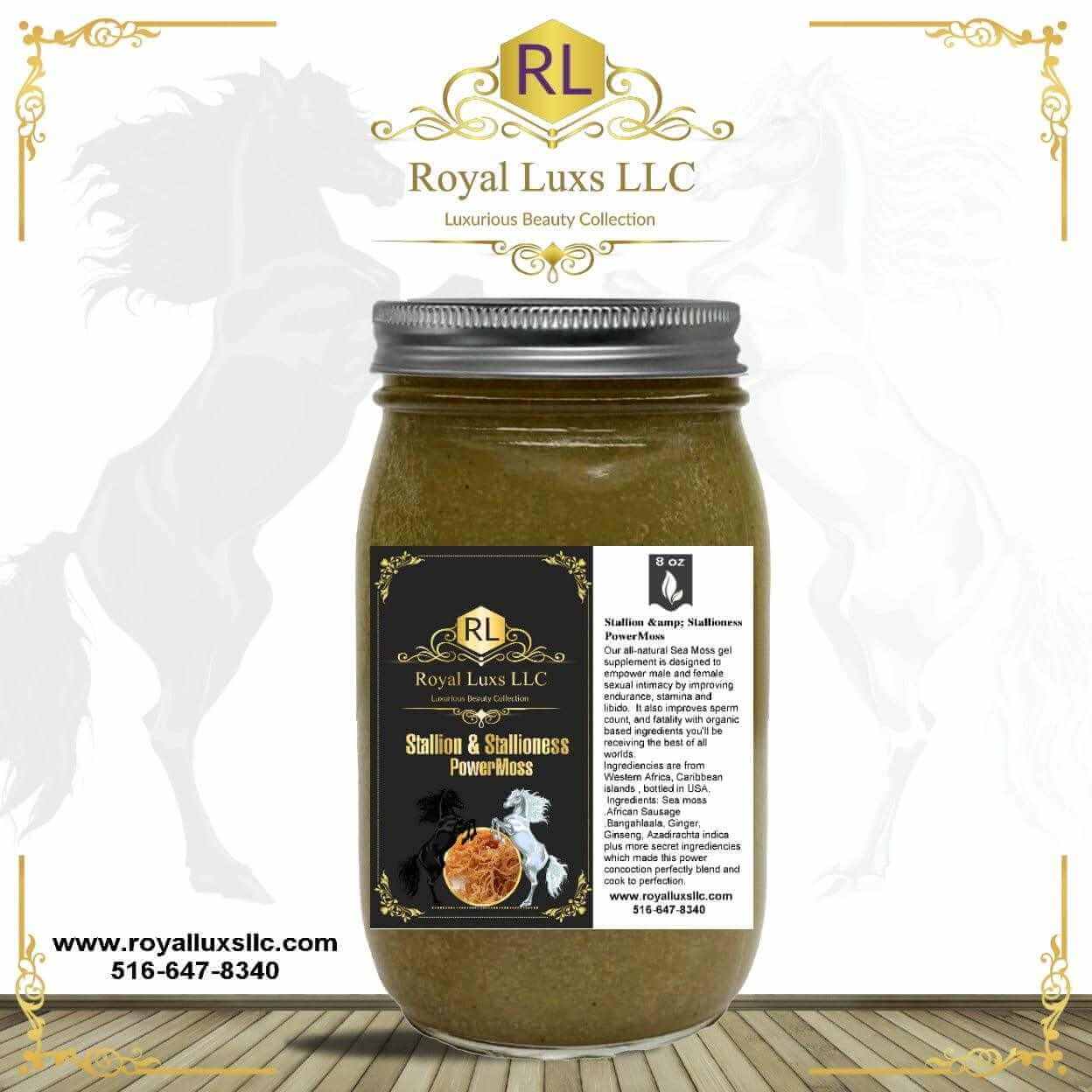 Royal Luxs LLC herbal vitality blend Stallion Stallioness PowerMoss in 8 oz glass jar with metal lid