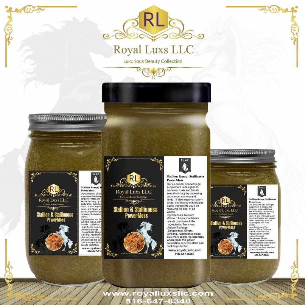 Royal Luxs LLC herbal vitality blend Stallion and Stallioness Power Mass in three glass jars with black and silver lids