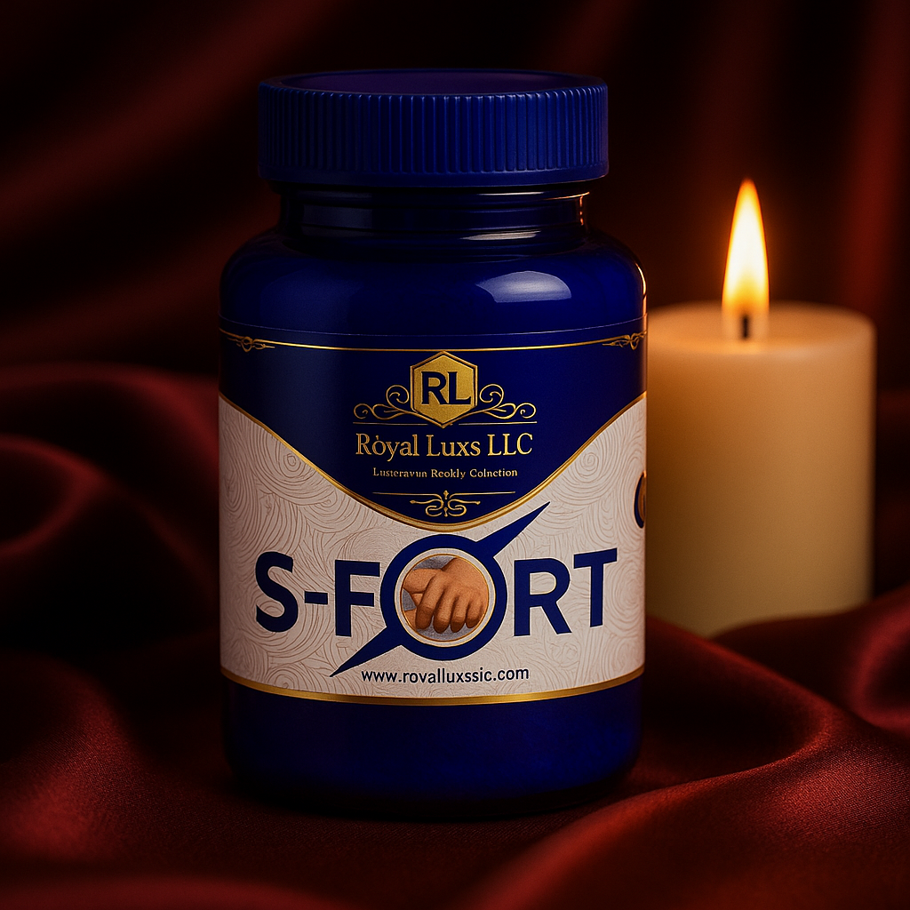 RoyalLuxsLLC S-FO(R)T men’s vitality herbal capsules bottle with candle on satin fabric