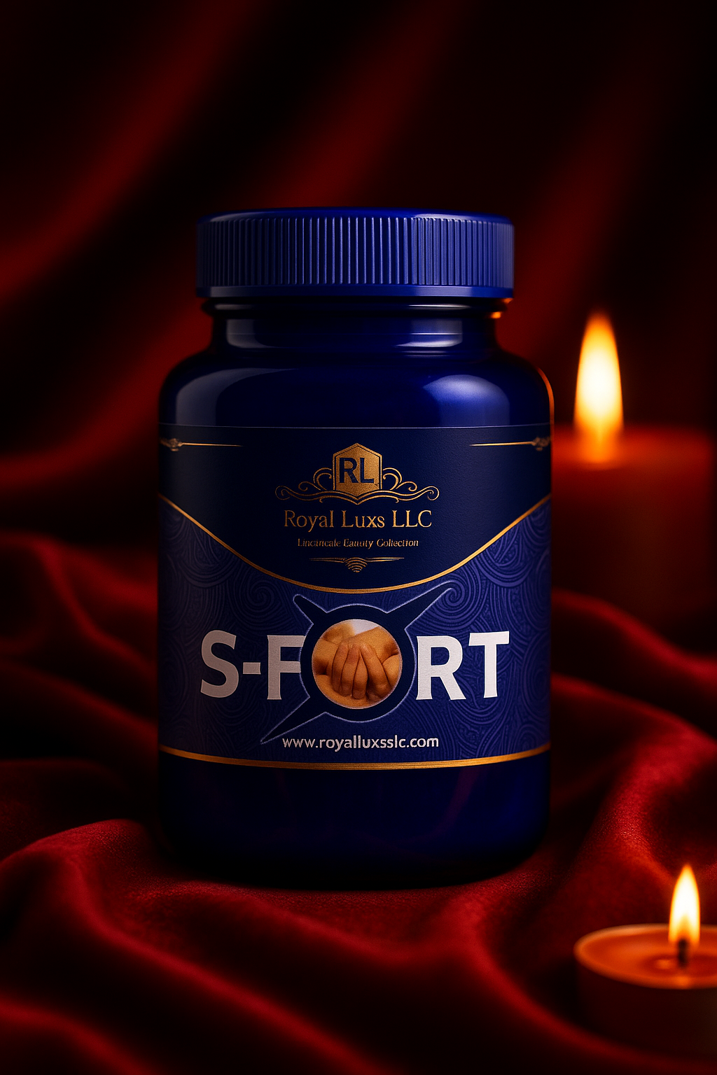 RoyalLuxsLLC S-FORT men’s vitality herbal capsules bottle on red fabric with candlelight