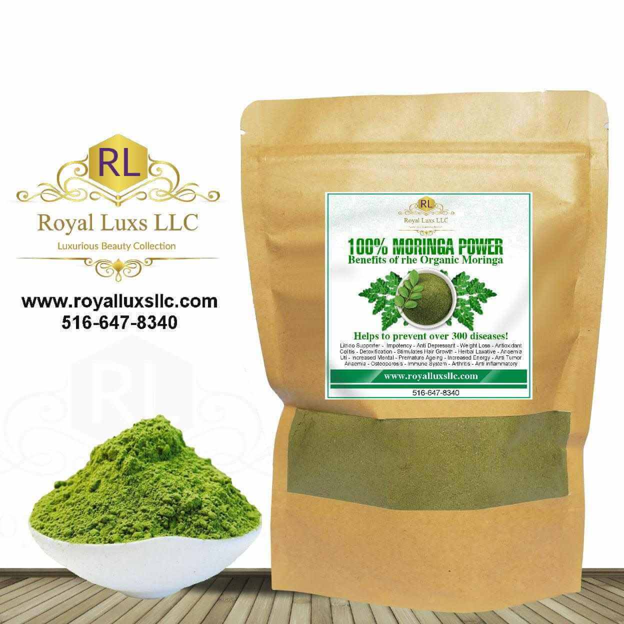 Royal Luxs LLC organic moringa leaf powder in eco-friendly resealable brown pouch with green moringa powder in white bowl