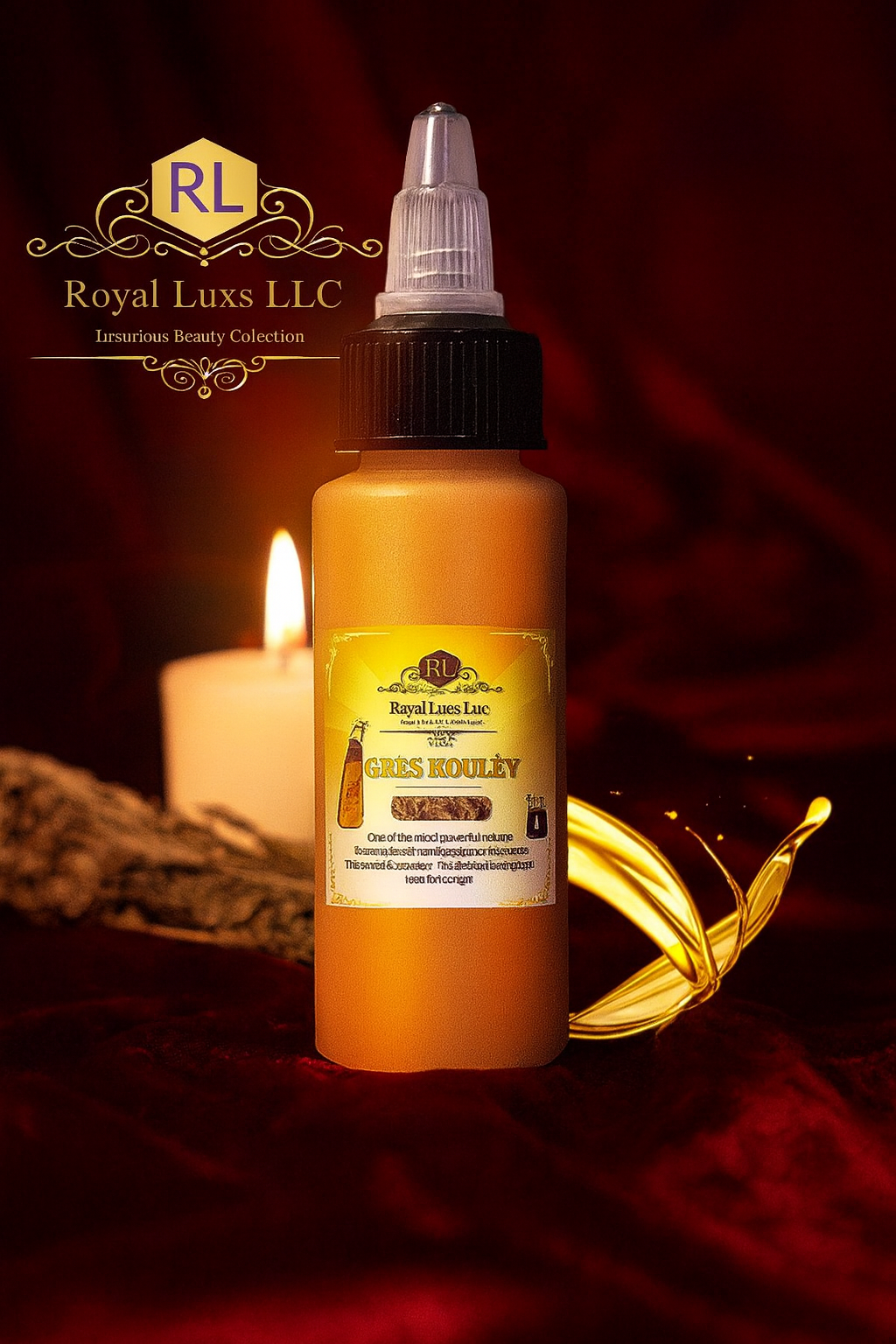 Mandingo Miracle Oil for wellness by RoyalLuxsLLC in an amber dropper bottle with golden liquid splash