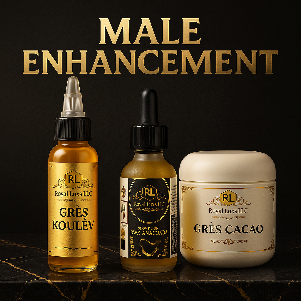RoyalLuxsLLC natural male enhancement trio cream and oils set with gold and black labels