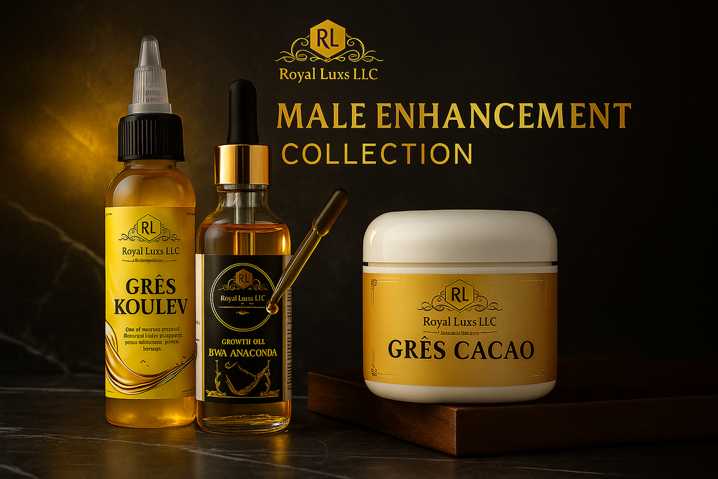RoyalLuxsLLC natural male enhancement trio cream and oils in amber and white containers