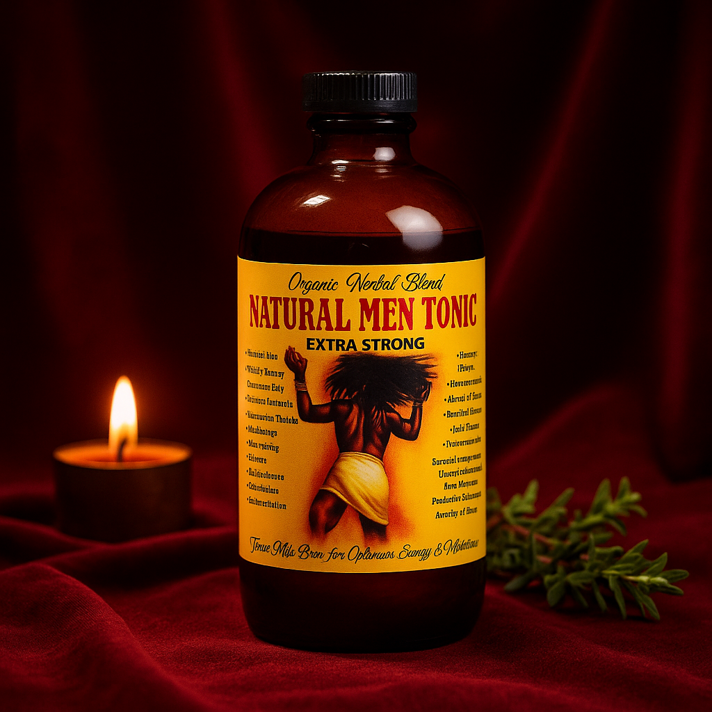 RoyalLuxsLLC natural men tonic extra strong organic herbal blend in amber bottle with yellow label